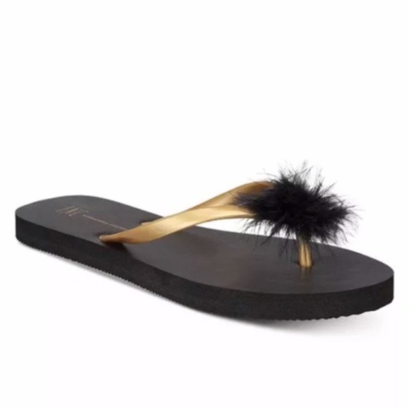 NWT INC Pom Pom Flip Flops - Sandals Black  Gold - Picture 2 of 3